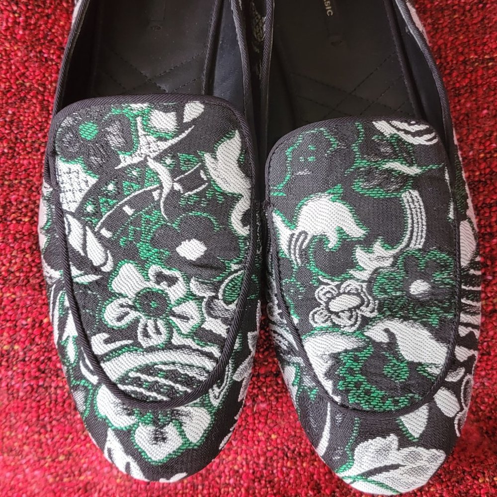 Zara Fabric Embroidery Green / Black Floral Loafers Women